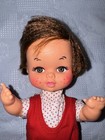 Small Vintage Child Doll Red Jumpsuit Polka Dot Shirt Brown Hair 9 Inch