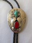 Vintage Silver Toned Hand Crafted Turquoise   Coral Mens Western Bolo Tie