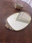 Vintage Vanity Mirrored Tray Gold Filigree Trinket Jewelry Box Pink Blue Floral