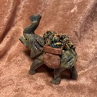 Carved Stone Small Elephant Trunk Up Green With Colored Stone Load On His Back