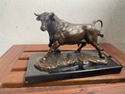 Bronze Sculpture Of A Bull On A Black Marble Base After Antoine-louis Barye