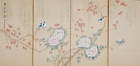 Chinese Byobu  blue Birds  White Flowers  Red Leaves  4-panel Folding Screen