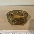 Vintage Hollywood Regency Pierced Ormolu Gold Oval Trinket Jewelry Box Glass 6 