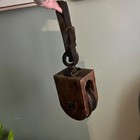 Antique Wood Pulley Block With Original Leather Strap Iron Hook Farmhouse