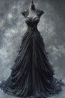 Black Gothic Wedding Dresses Ruched Lace Appliques V Neck Sleeveless Bridal Gown