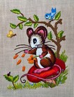 Framed Crewel Embroidery Fiber Art Mouse Mushroom Bluebird Lady Bug Woodland
