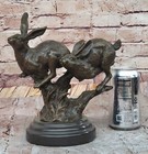 Pair Of Running Rabbits Hares Bunnies Bronze Sculpture Statue Decor Signed Art