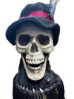 New Halloween Scary Skeleton Head Skull With Hat Decor Black Fringe Pedestal 12 