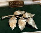 Textured Stamped Gold Tone Leaf Five Leaves Spray Brooch Pin Vintage With Box