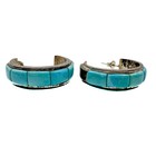 Chunky Turquoise Inlay Hoop Earrings Sterling Silver Backs Patina 11g Vtg Style