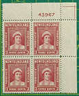 Newfoundland Stamp 1941 sc A139  255 plate  43967 3c Rose Carmine block Of 4 mnh