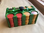 Vintage Green yellow Bakelite Catalin Poker Caddy   200 Swirl Chips 785 8 Grams