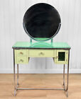 Antique Art Deco Green Chrome Ladies Vanity With Round Mirror