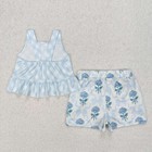 Sibling Baby Girls Blue Flowers Bows Yoga Summer Outfits