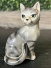 Vintage Grey Tabby Cat Figurine Ceramic Sitting Kitty Made In Japan 4 Inch