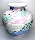 Vintage Chinese Porcelain Vase Hand Painted Carved Patchwork Floral  9 1 4    Tall