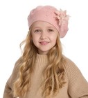  Kids Beret Hat Girls Solid Color Knitted Floral Artist One Size Floral Pink