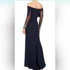 Vince Camuto Navy Off Shoulder Rhinestone Mesh Sheer Sleeve Long Gown 4