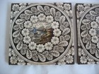 Pr Early Brown   White Transferware Ceramic Tiles 6  Floral Leaves Sailboat