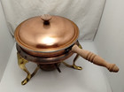 Large Vintage Copper Chafing Dish 9  Double Liner Candle Warmer Wooden Handle