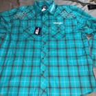 Wrangler Mens 2xl Turquoise Plaid Snap Front Western Shirt Tribal Flames