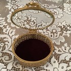 Vintage Ormolu Jewelry Casket Beveled Glass Lid Gold Filigree Trinket Box Footed