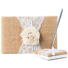 Rustic Burlap Lace Wedding Guest Book With Pen Holder   Silver Pen - 120 Pages