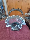 Aqua Blue Silvercrest Ruffled Antique Brides Bowl With Metal Footed Basket