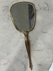 Vintage Art Deco Style Gold Tone Hand Mirror With Embossed Flowers Vanity Decor