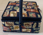 Vintage Sewing Basket  Gingham Bird Check Floral Wicker Box Padded Lid Handle