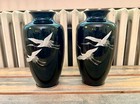 Pair Japanese Black Cloisonne Vases With Flying Cranes By Sato Mid Century Vase