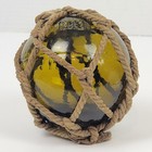 Vtg Japanese Handblown Glass Fishing Float With Rope Net hash Marks amber 3 25 