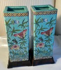Antique Chinese Turquoise Ground Porcelain Famille Rose Square Vases Qianlong M 