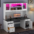 Farmhouse Wood Computer Desk With Power Outlet   Led Lights Home Office Desks