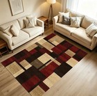 Modern Geometric Area Rug     Red  Brown beige Block Pattern  Stain-resistant Soft