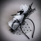 Black   White Fascinator Hat With Veil Feathers Dots Mesh Headband Races