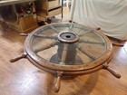 Ship Wheel Table  Wooden With Brass Accents  Glass Top