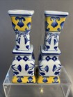 Vtg Pair  2  Of Chinoiserie Cobalt Blue   Yellow Porcelain Candle Sticks
