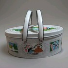 Vintage Oval Metal Litho Biscuit Tin Box Double Swing Handle 1920s Beach Scene
