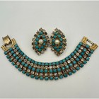 Vintage Gold Tone Opaque Turquoise Clear Rhinestones Bracelet Clip On Earrings