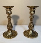 Pair Vintage Heavy Solid Brass Candlesticks Swirled Ribbing