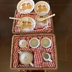 Vtg Childrens Miniature Tea Set 13 Pcs Wicker Picnic Basket Teddy Bear Service