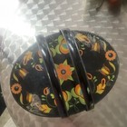 Black Oval Metal Vintage Tin Box Basket W  Lid   Double Handles Floral Flower