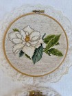 Set Of 2 Completed Magnolia Cross Stitch In Wooden Hoop W  Lace Trim Wall Decor
