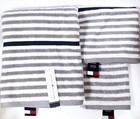 Tommy Hilfiger 100  Cotton White gray navy Stripes Bath hand or Washcloth Towel