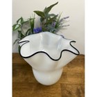 Vintage Milk Glass Ruffled Edge Vase Black Rim Mid Century Decorative Glass