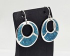 Vtg Taxco Crushed Turquoise Inlay Modernist Sterling Silver Mcm Circle Earrings
