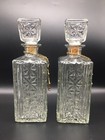 Set Of Two Vintage Glass Liquor Decanters With Brass Tone Double Sided Tags