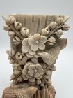 Vintage Asian Chinese Antique Carved Soapstone Vase Intricate Flowers Birds