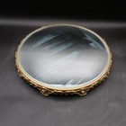 Antique Footed Plateau Mirror Round 12  Beveled Vanity Stand Metal Flowers